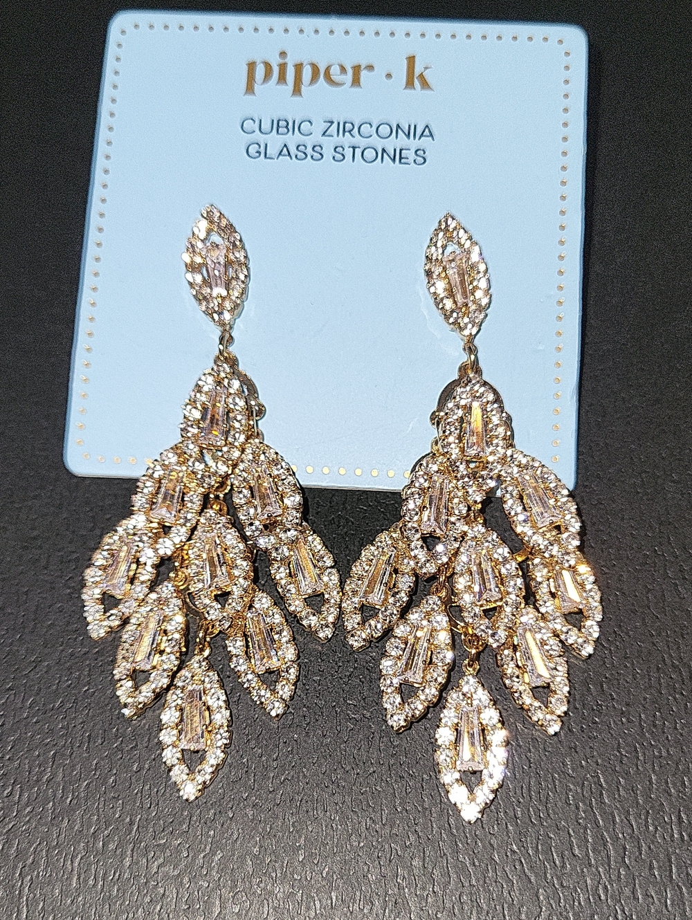Piper K Gold TONED Cubic Zirconia Leaf Chandelier Earrings RT TH